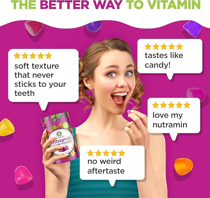 NUTRAMIN Daily Vegan Keto Multivitamin Gummies Non-GMO Natural Vitamin C D + Zinc for Immunity, Plant-Based, Sugar-Free, Nut-Free, Gluten-Free, Biotin, Vitamin A, B, B6, B12 60 Ct, 30 Days (60 Count)