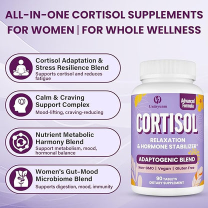 Cortisol Supplements for Women, 16 IN 1 Cortisol Detox for Women, with Magnesium, Ashwagandha, L-Theanine & Probiotics, Cortisol Reducer Manager for Hormone Balance, Mood & Digestion, 90 Tablets