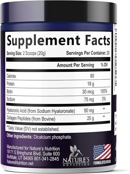 Collagen Peptides Powder - Hydrolyzed Type 1 & 3 Collagen Peptides 20g per Serving with Hyaluronic Acid & Biotin - Vital Nail, Skin & Joint Support - No Sugar, Unflavored, Bottled in USA - 28 Servings
