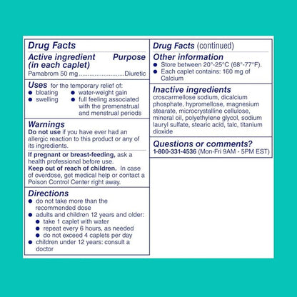 Midol Bloat Relief Caplets with Pamabrom,Relieve Bloating Symptoms Before and During Your Period,Provides Up to 6 Hours of Relief for Women,60 Count (Pack of 2)