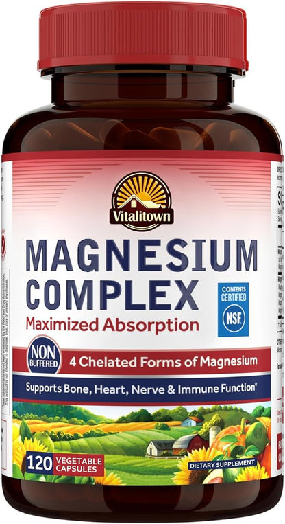 Vitalitown Magnesium Complex Supplement 500mg - NSF Certified Magnesium Glycinate, Malate, Taurate & Citrate - Chelated High Absorption & Gentle on Stomach - Vegan Non-GMO 120 Capsules