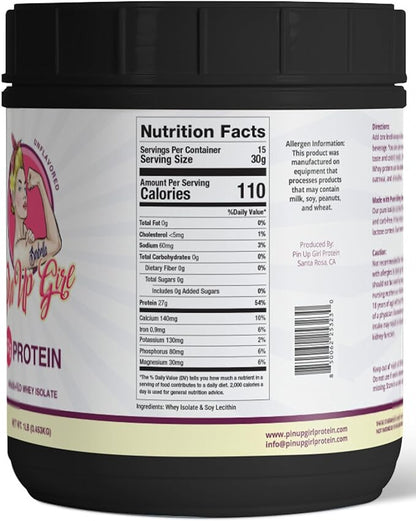 Pin Up Girl Whey Protein Isolate Powder – 27g of Protein Per Serving – Pure Premium Muscle-Building Whey Protein for Women – Fat Free, Low Calorie, Low Carb, No Added Sugar – Unflavored