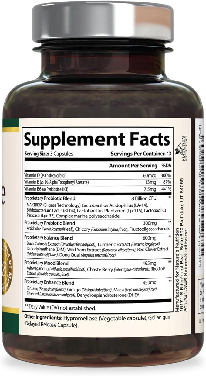 Menopause Supplement for Women - Natural Menopause Relief Support for Mild Hot Flashes & Night Sweats - Best Probiotics for Women, Dong Quai, Black Cohosh, Ashwagandha - Bottled in USA - 120 Capsules