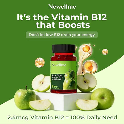 NEWELLME ACV Gummies with the Mother & B12 – Sugar-Free, Great-Tasting Vegan Gummies for Digestion, Metabolism & Daily Energy Support, 30 Count