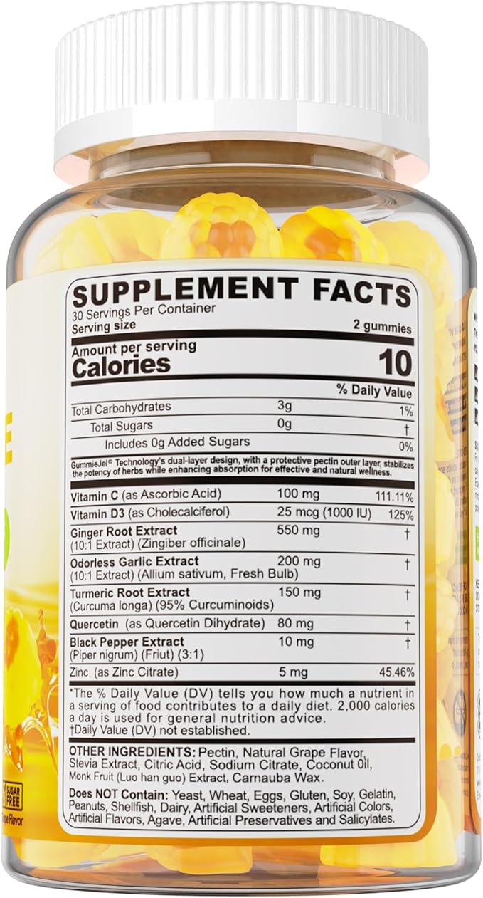 LILICARE Ginger Chews Gummies for Nausea & Digestive Support, Stomach Relief - Sugar Free with Turmeric & Odorless Garlic, Quercetin, Vitamin D3, C, Delicious Digestive Supplements, 60Cts (Pack of 1)