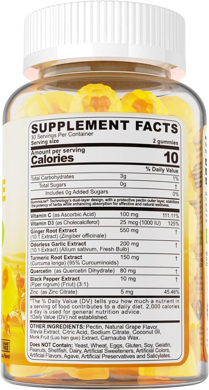 LILICARE Ginger Chews Gummies for Nausea & Digestive Support, Stomach Relief, Sugar Free with Turmeric,Odorless Garlic, Quercetin, Vitamin D3,Digestive Supplements for Occasional Bloating & Gas, 2Pack