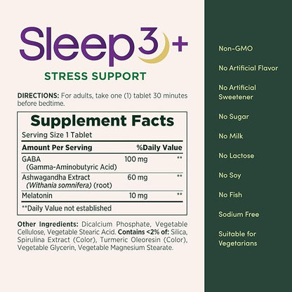 Nature's Bounty Stress Support Plus Melatonin, Sleep3 Maximum Strength 100% Drug Free Sleep Aid, Dietary Supplement with Ashwagandha, Time Release Technology, 10mg, 56 Tri-Layered Tablets