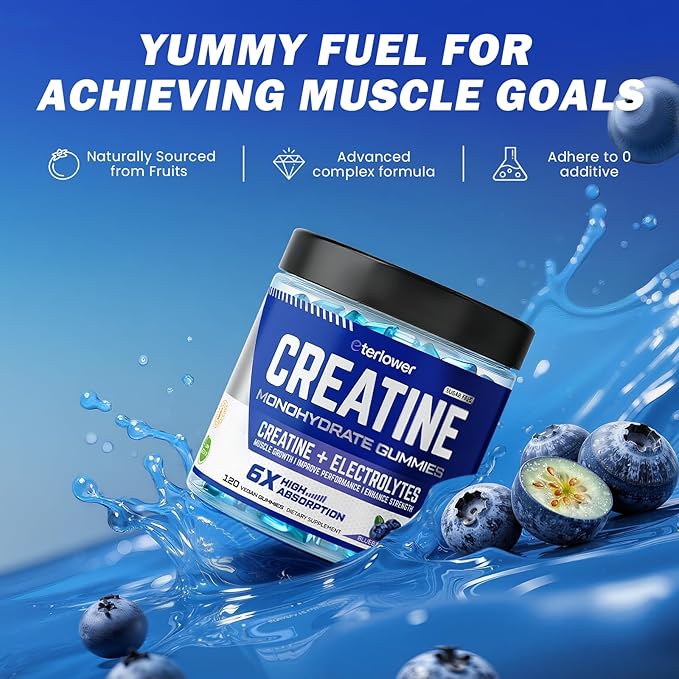 Creatine Monohydrate Gummies 5g – Pre-Workout Energy & Muscle Growth Support for Men & Women | Blueberry Electrolyte Gummies, 120 Count