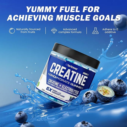 Creatine Monohydrate Gummies 5g – Pre-Workout Energy & Muscle Growth Support for Men & Women | Blueberry Electrolyte Gummies, 120 Count