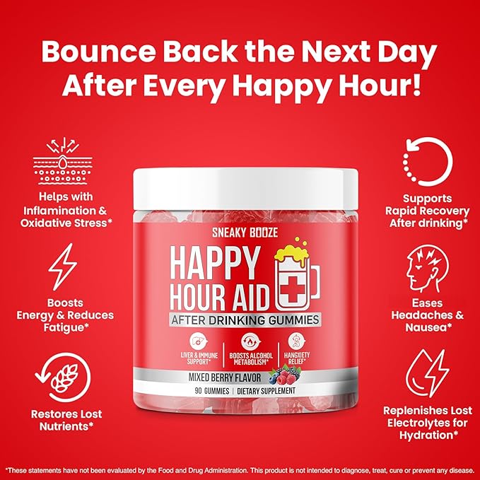 Sneaky Booze Happy Hour Aid Gummies Supplement Pre Game Party Hydration Electrolytes Alcohol DHM Milk Thistle After Drinking Gummy Weekend Recovery Vitamins Formula Better Mornings Support 90 Count