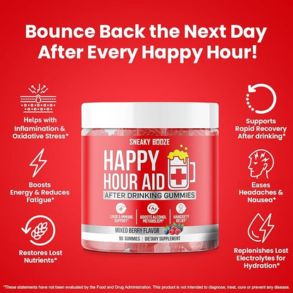 Sneaky Booze Happy Hour Aid Gummies Supplement Pre Game Party Hydration Electrolytes Alcohol DHM Milk Thistle After Drinking Gummy Weekend Recovery Vitamins Formula Better Mornings Support 90 Count