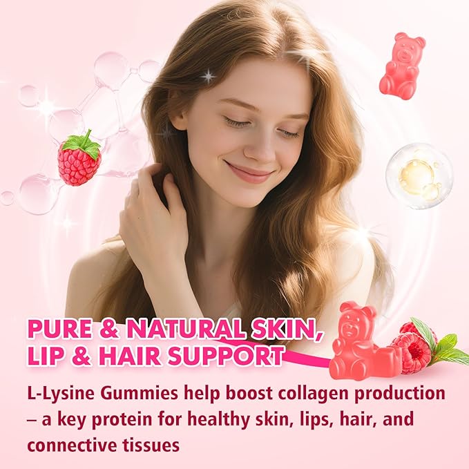 L-Lysine 1000mg Gummies for Immune Support & Skin Health - Vegan, Gluten Free Amino Acid Supplement for Adults, Raspberry Flavor, 60 Gummies