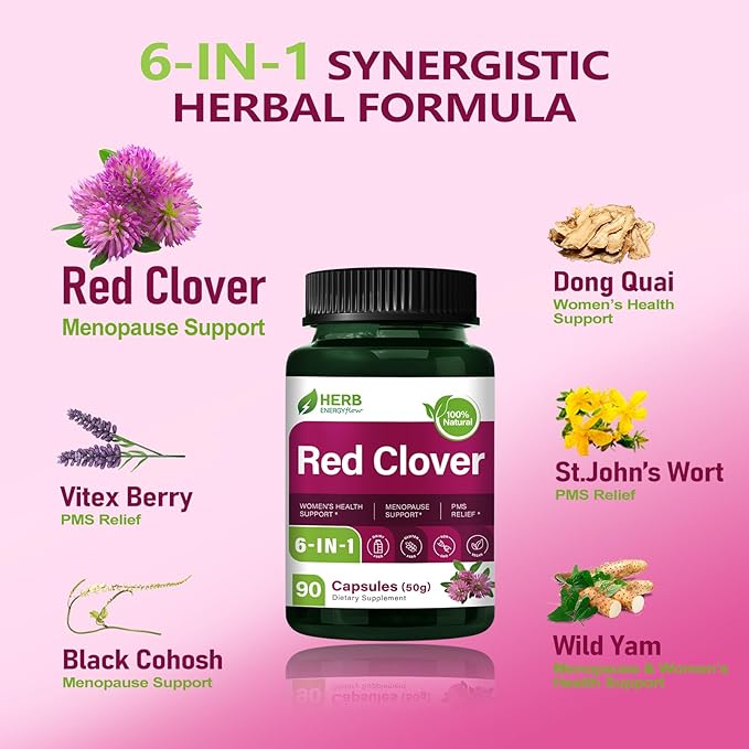 HERBENENERGYflow Red Clover Extract Capsules, Herbal Supplement for Women’s Health Support, Menopause Support & PMS Relief. Natural Blend w/Black Cohosh Wild Yam Dong Quai. 90 Count.