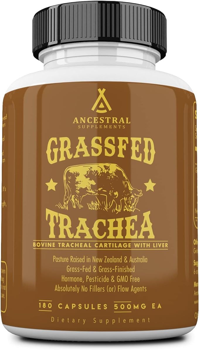 Ancestral Supplements Grass Fed Beef Tracheal Cartilage Supplement with Liver, 3000mg, Immune Health and Joint Support Supplement Promotes Healing, Non-GMO, 180 Capsules