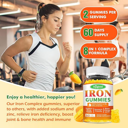 2 Pack Iron Gummies for Women & Men - Vegan Iron Supplement for Anemia & Iron Deficiency, with Vitamin B12, Vitamin C, Zinc, Folate - Energy Boost, Sugar-Free, Mango Flavor, 120 Count
