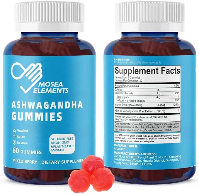 Ashwagandha Gummies & Vitamin D Gummies for Men & Women - Relax & Restore, Ashwa Root Extract Supplement Gummy, Mixed Berry Flavored (60 Count Pack of 1)