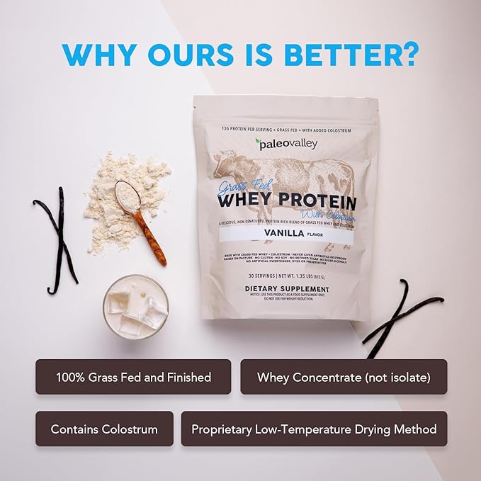 Paleovalley 100% Grassfed Whey Protein Powder with Colostrum, 30 Serving - Vanilla, 13g Protein, Muscle Building, Immune Support, Gut Health