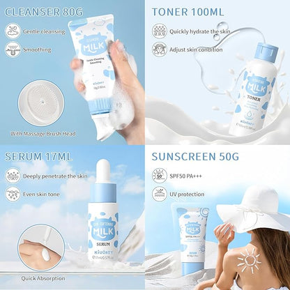 Milk Skin Care Set - 9PCS Milk Skin Care for Kids Ages 8-12 with Cleanser, Toner, Serum, Eye Cream, Face Cream, Sunscreen, Facial Masks - Deep Hydrating, Smooth & Delicate Skin for Girls & Women