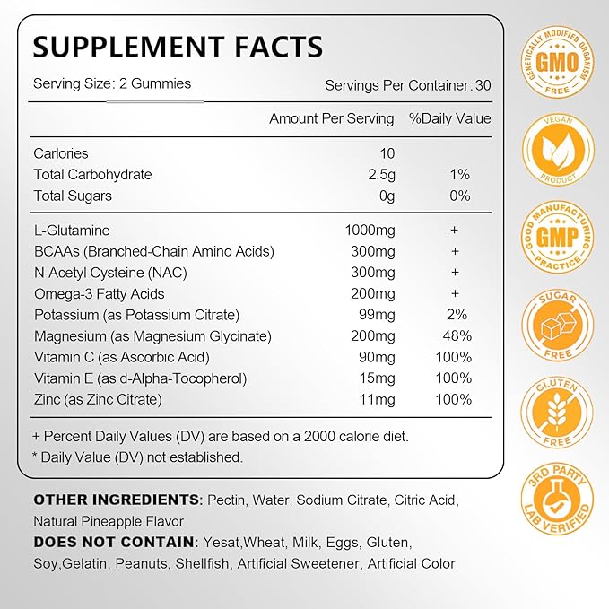 2 Pack L-Glutamine Gummies 1000mg, Glutamine Supplement for Women & Men, with BCAAs, Magnesium & NAC, Support Gut, Muscle Health & Immunity, Vegan, Non-GMO, Gluten Free, Keto Friendly, 120 Count