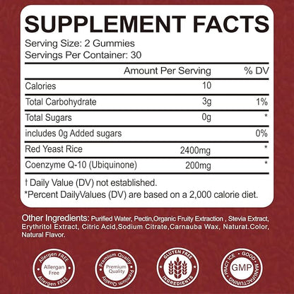 Premium Red Yeast Rice with CoQ10 Gummies for Heart & Cholesterol Support | Sugar Free, Strawberry Flavor | 60 Gummies (30 Day Supply) | Vegan, Non-GMO