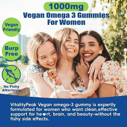Vegan Omega 3 Gummies 1000mg - Algae Omega 3 Supplement for Women & Men with CoQ10, Vitamin D3, K2 & Turmeric - Fish Oil Alternative for Adults with DHA EPA for Brain, Eye- Sugar Free, 60 Count