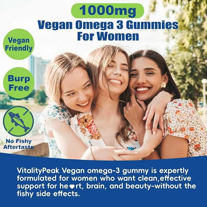 Vegan Omega 3 Gummies 1000mg - Algae Omega 3 Supplement for Women & Men with CoQ10, Vitamin D3, K2 & Turmeric - Fish Oil Alternative for Adults with DHA EPA for Brain, Eye- Sugar Free, 120 Count