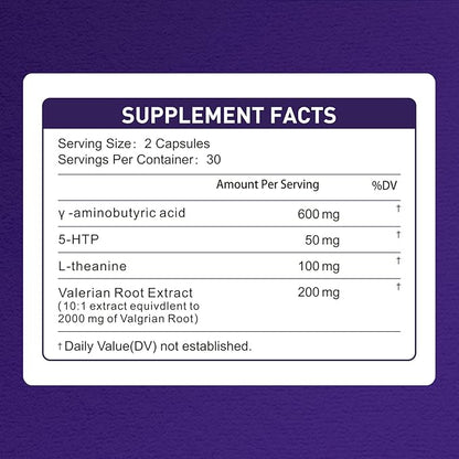 600mg GABA Sleep Aid* for Adults with 200mg Valerian Root, 100mg L-theanine, 60mg 5-HTP | Helps The Body Ease Into Sleep* & Maintain Deep Restful Sleep*, 60 Capsules, 30 Day Supply