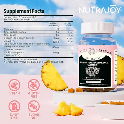 Premium Feminine Balance Gummies, for Women's Ph Health, Vaginal Wellness Support, Immune Support, Energy Support, Hawaiian Pineapple, Vegan Gluten-Free, 60 Gummies