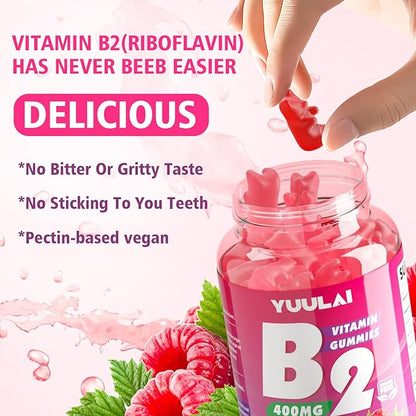 Pack of Vitamin B2 Gummies 400mg | Riboflavin Supplement with Magnesium for Kids & Adults, B2 Gummies for Migraine Relief, Nervous System & Skin Health, Vegan, Sugar-Free, Raspberry Flavor, 120 Count