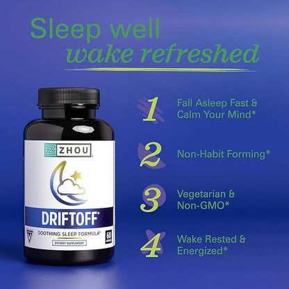 ZHOU Driftoff - Nature Inspired Sleep Aid, Valerian Root & Melatonin for Sleep for Men & Women, Calm Sleeping Supplement for Adults with GABA & Chamomile to Relax - 60 Veggie Capsules (Pack of 2)
