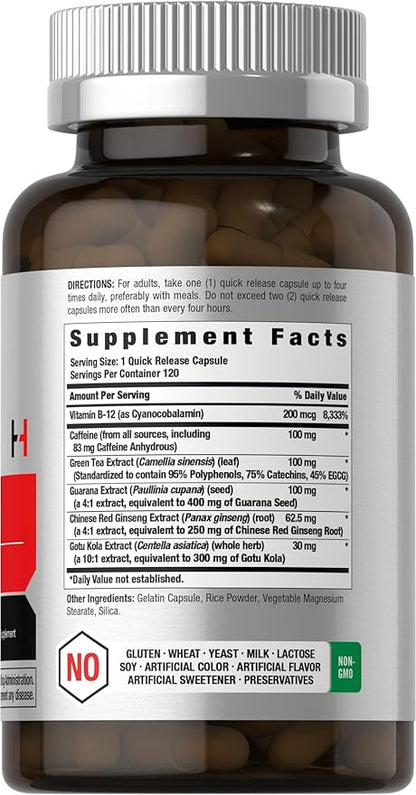 Horbäach Energy Supplement | 120 Capsules | with Caffeine, Ginseng & Vitamin B12 | Daily Energy Booster Pills | Non-GMO, Gluten Free