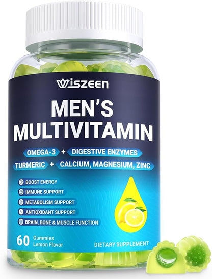 Mens Multivitamins Gummies with Vitamins A C D K E, B Complex, Omega-3, Digestive Enzymes, Lycopene, Calcium, Magnesium, Zinc - Support Brain, Muscle, Energy, Sugar Free, Vegan, 60Cts