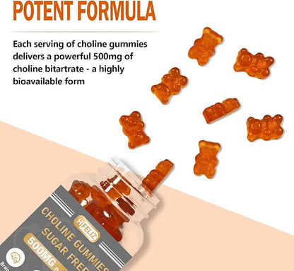 Choline Supplement Gummies Sugar Free, 500mg Choline Bitartrate Per Serving, Brain Health, Liver Support, Focus & Energy, 60 Gummies