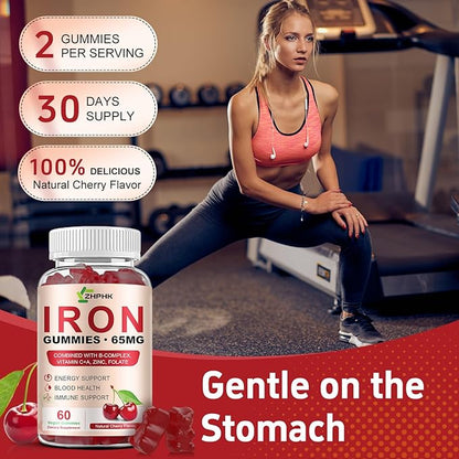 ZHPHK Iron Gummies Supplement for Women, Men & Kids, Iron 65mg with 250mg Vitamin C B6 B12 Folate Healthy Blood, Energy & Immune Support Gentle on Stomach Ferrous Fumarate, 120 Count