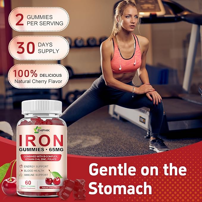 Iron Supplement for Women, Men & Kids, Iron 65mg & Vitamin C 250mg per Serving with B6 B12 Folate- Energy Support for Iron Deficiency, Anemia, Vegan Gummy Cherry Flavor, 60 Count