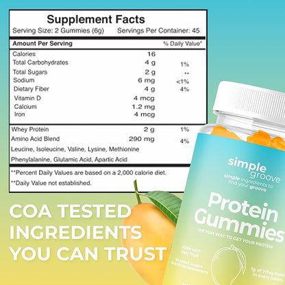 simple groove Protein Gummies|1g Whey Protein per Gummy | 90 Count | Healthy Snacks | Essential Amino Acids | Healthy Gummy Candy | Gummies for Women Men Kids