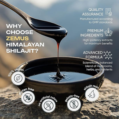 Zemus Himalayan Pure Shilajit Gummies I Lab Tested I Synergistic Blend of Ashwagandha & 5 Mushroom Complex | Fulvic Acid & 85+, Trace Minerals | for Men & Women (90 Count / 9.52 oz, Gold)