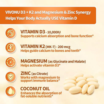 VivoNu Vitamin D3 K2 10,000 IU Magnesium Supplement – 4-in-1 with Vitamin D and K (MK-7), Magnesium Glycinate & Zinc Citrate – 180 Softgels for Energy, Bone* & Muscle* Support*