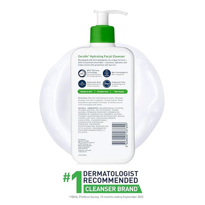 CeraVe Hydrating Facial Cleanser, Moisturizing Face Wash For Dry Skin, Hyaluronic Acid + Ceramides + Glycerin, Hydrating Cleanser For Normal To Dry Skin, National Eczema Association Certified