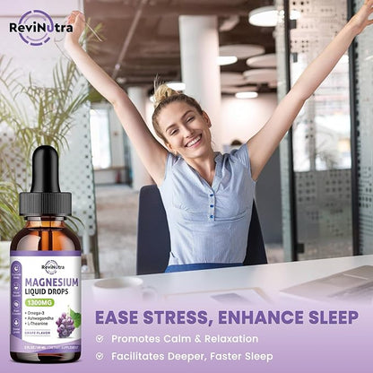2 Pack Magnesium Liquid Drops, Calm Magnesium Glycinate Liquid Drops with Taurate & Citrate, Potassium, Omega3, L-Theanine, Ashwagandha, D3, B6, B12 for Sleep, Muscle, Heart, Sugar-Free Grape Flavor