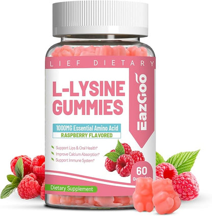 L-Lysine 1000mg Gummies, Chewable Lysine Supplement for Adults, Lysine Gummies for Lip Health, Immune Support- Vegan, Gluten-Free, Sugar-Free, 60 Counts