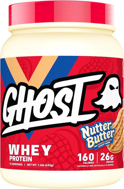 GHOST Whey Protein Powder, Nutter Butter - 1LB Tub, 26G of Protein - Flavored Isolate, Concentrate & Hydrolyzed Whey Protein Blend - Post Workout Shakes