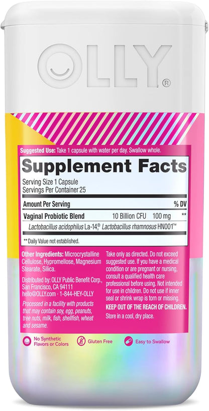 OLLY Happy Hoo-Ha Capsules, Probiotic for Women, Vaginal Health and pH Balance, 10 Billion CFU, Gluten Free - 25 Count