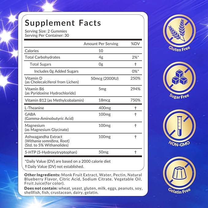 WEEVIT L-Theanine Gummies, L-Theanine GABA Supplement with 5-HTP, Ashwagandha, Magnesium, Vitamin B6, B12 - Melatonin-Free for Adults - Non-GMO, Vegan