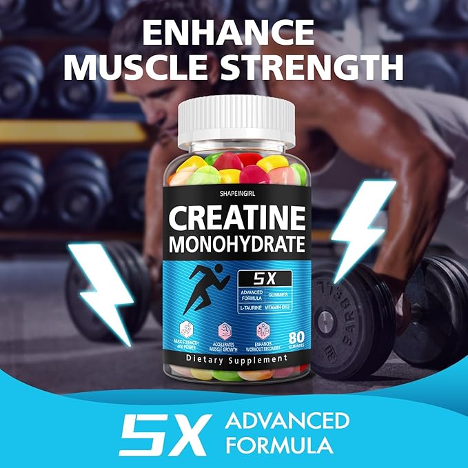 Creatine Monohydrate Gummies for Women and Men - Creatine Supplements with Vitamin B12 for Muscle Gain, Strength, Energy Boost, Sugar Free, Vegan, Flavored Chewable 240 Count