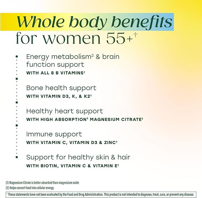 MegaFood Whole Body 55+ Womens Multivitamin - Multivitamin for Women - Vitamin D3 K2, Magnesium Citrate, Biotin & Folate - Bone Health - Brain, Heart & Immune Support - 90 Gummies, 30 Servings