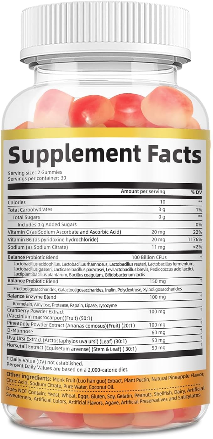Premium Feminine Balance Gummies – 2 Pack, Probiotic + Enzyme Blend for Digestive, Hormone & PH Balance, Pineapple Flavor, 120 Gummies