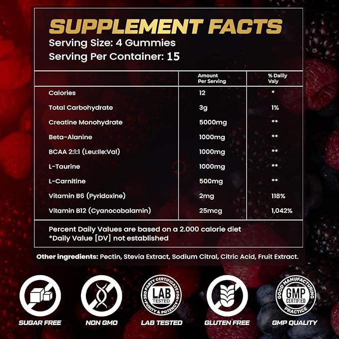 kukaly Creatine Monohydrate Gummies for Men & Women, Creatine Gummies Sugar Free, Mixed Flavored with L-Taurine, BCAA 2:1, B12 B6 for Boost Strength, Focus & Endurance, Vegan, Non-GMO, 60pcs