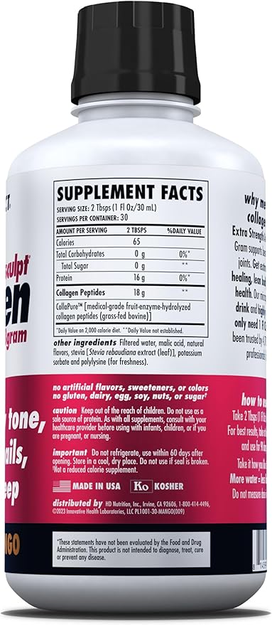 HEALTH DIRECT AminoSculpt Sugar-Free Collagen Supplement - High Potency Medical-Grade Protein for Hair, Skin, Nails & Joints, Grass-Fed, Non-GMO, Liquid Collagen - Smooth Mango - 30 Fl Oz