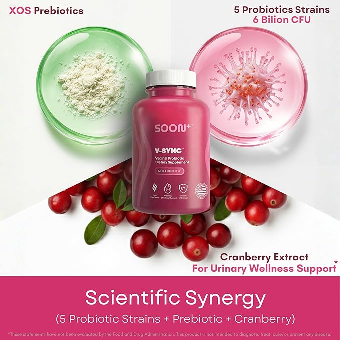 SOON+ Vaginal Probiotics for Women, V-Sync Vaginal Probiotic with Lactobacillus, Cranberry & Prebiotics, Support pH Balance for Women, Urinary Health Digestive Support, 6 Billion CFU, 60 Capsules